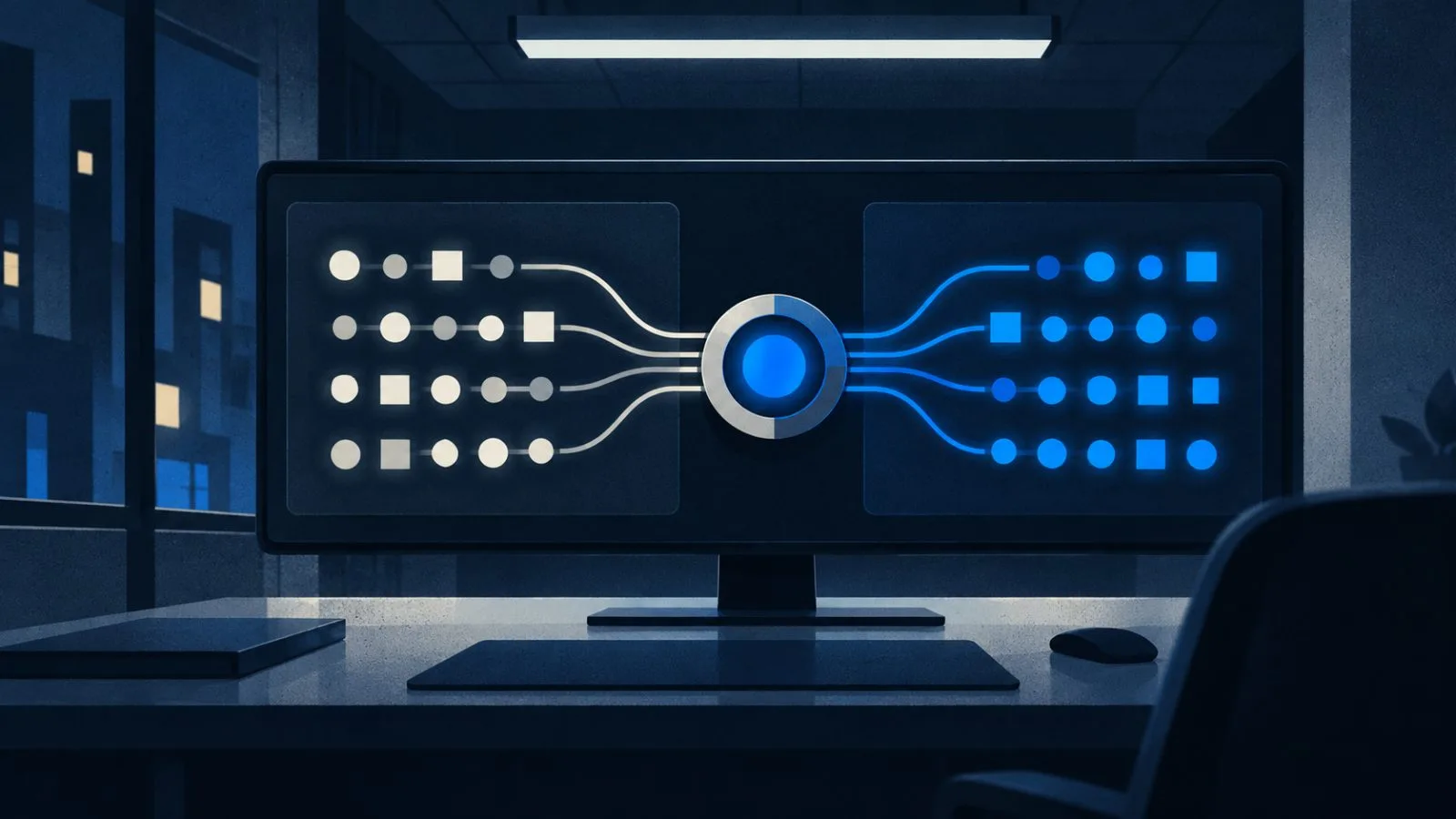 An operations terminal displays connected workflow panels in a quiet control room / TokenPost.ai