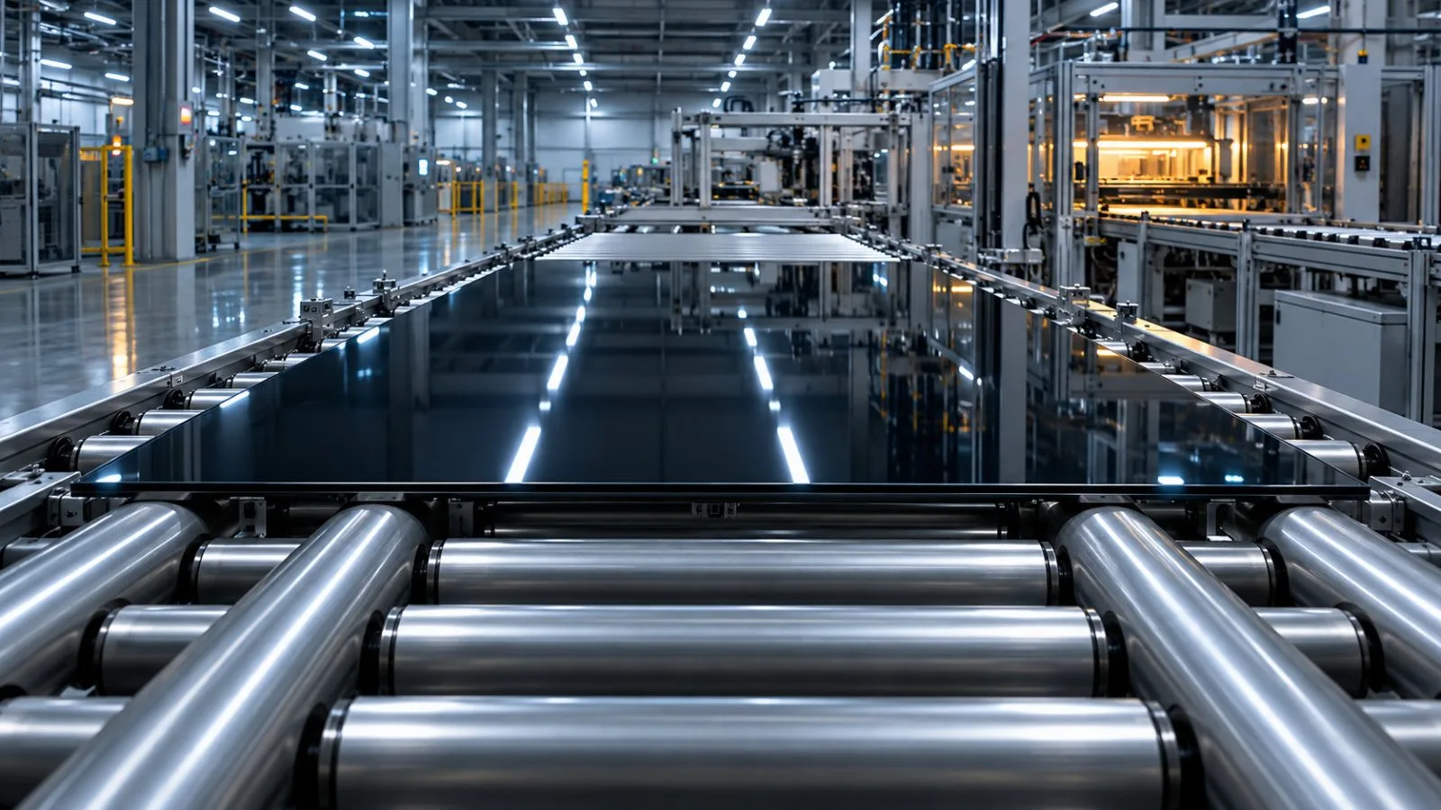 A glass display panel moves along a cleanroom conveyor. / TokenPost.ai