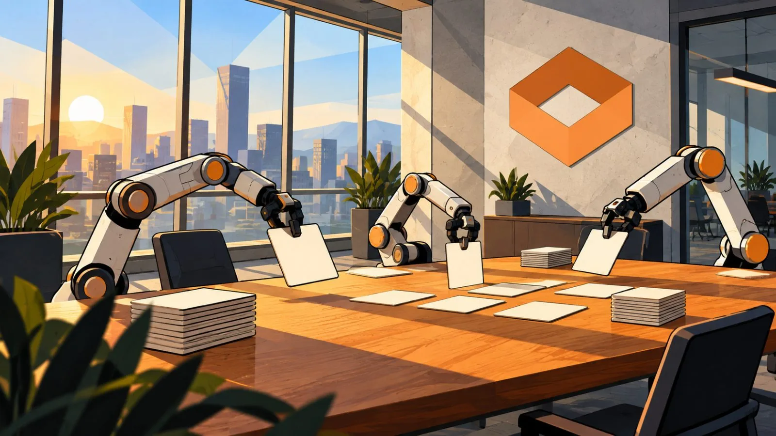Robotic arms arranged around task cards in a quiet workspace / TokenPost.ai