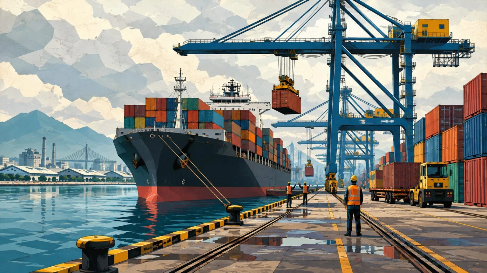 Container cranes move freight beside factory roofs along the waterfront / TokenPost.ai