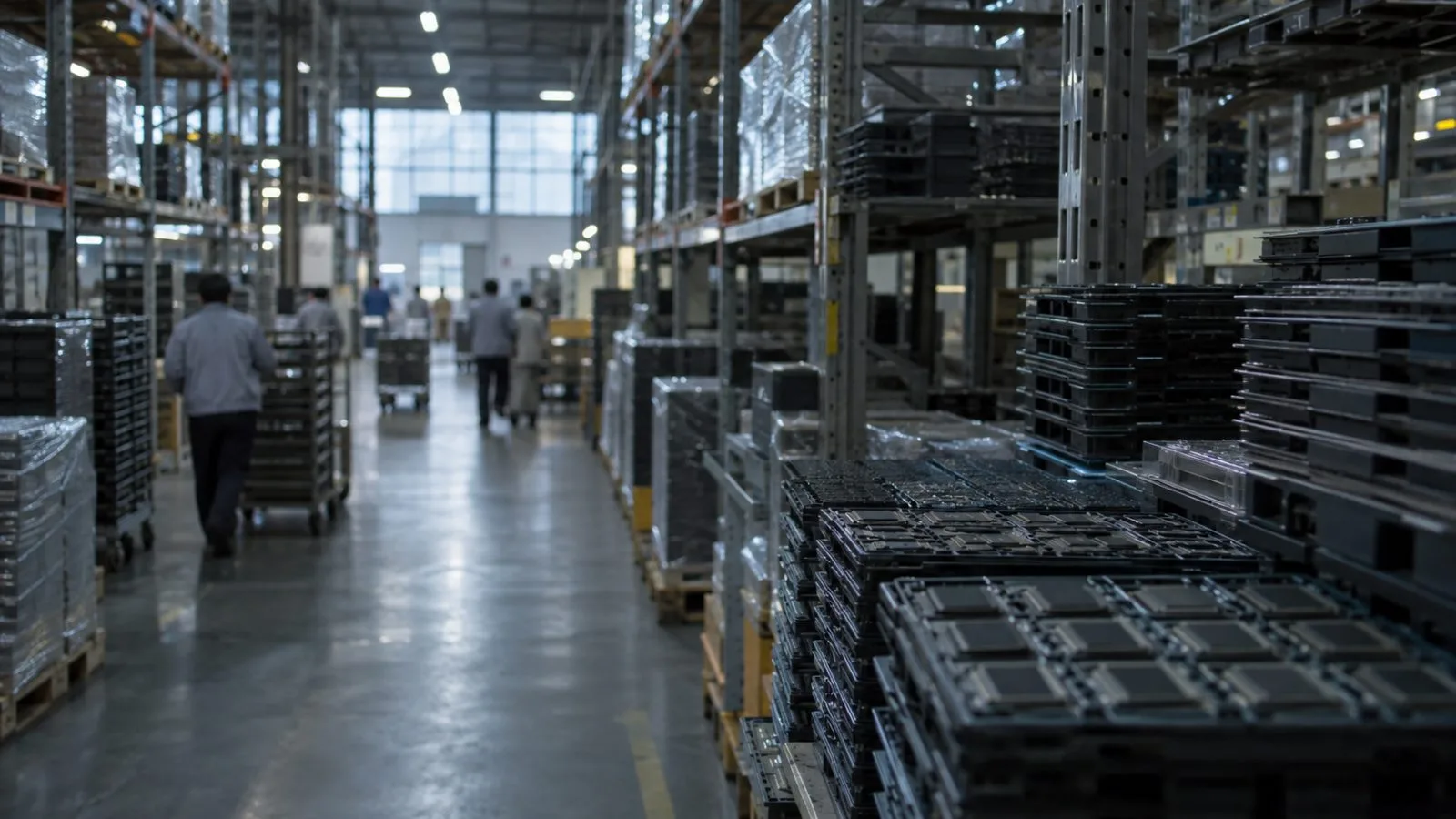 Semiconductor trays line a dim warehouse aisle before sunrise / TokenPost.ai