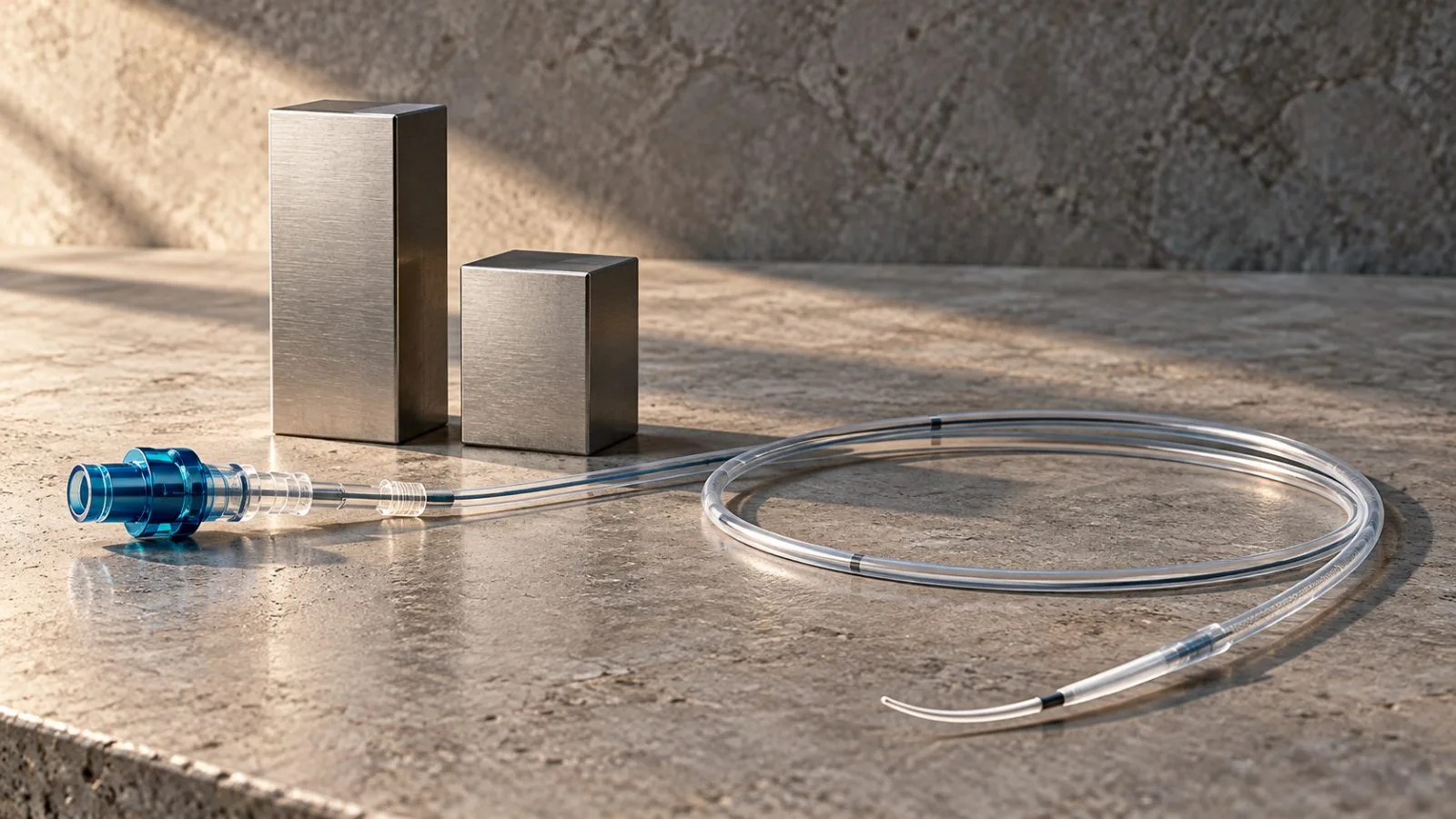 A coiled medical catheter sits beside two uneven metal blocks / TokenPost.ai