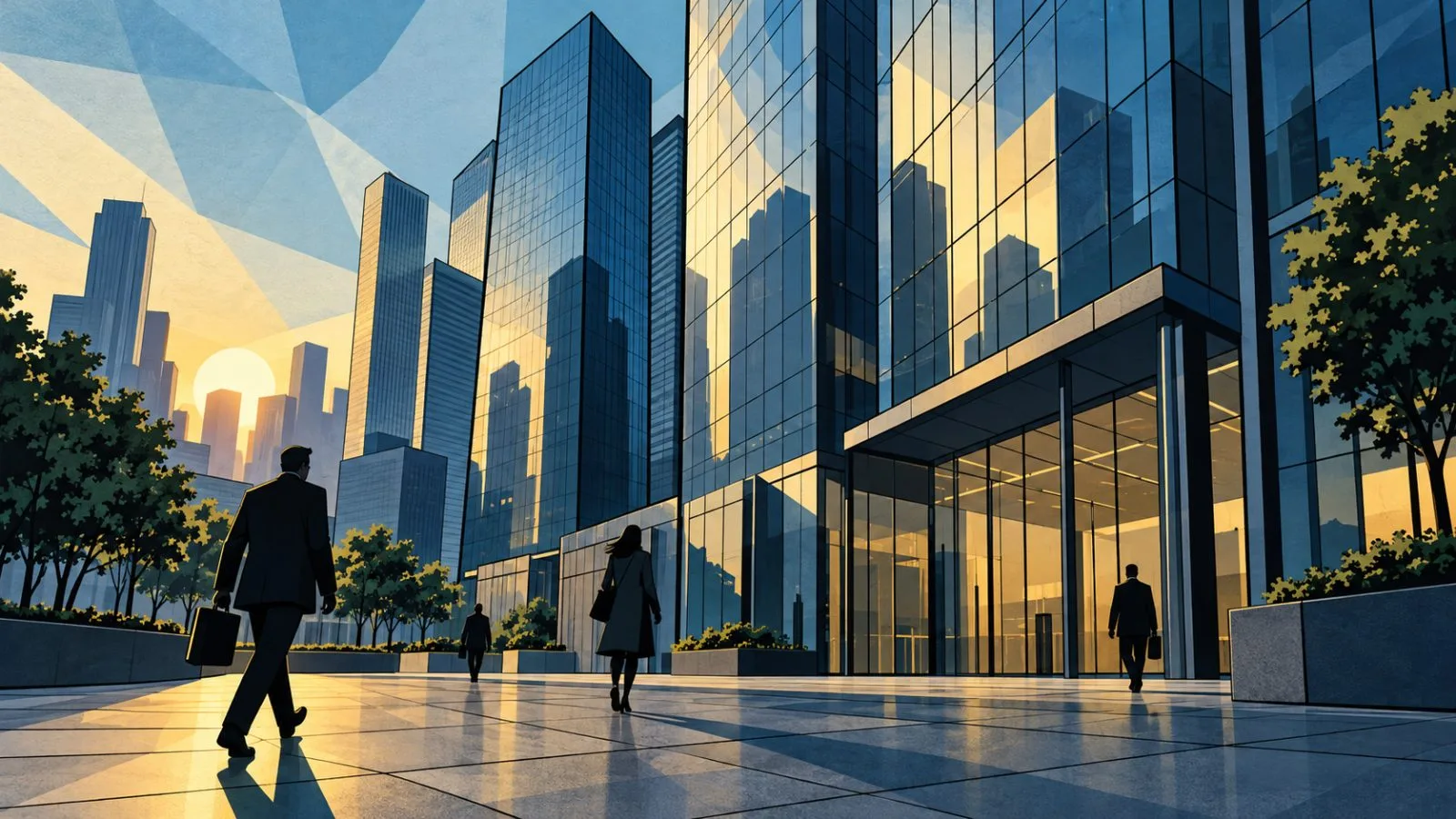 Glass towers catch morning light along a quiet financial district / TokenPost.ai