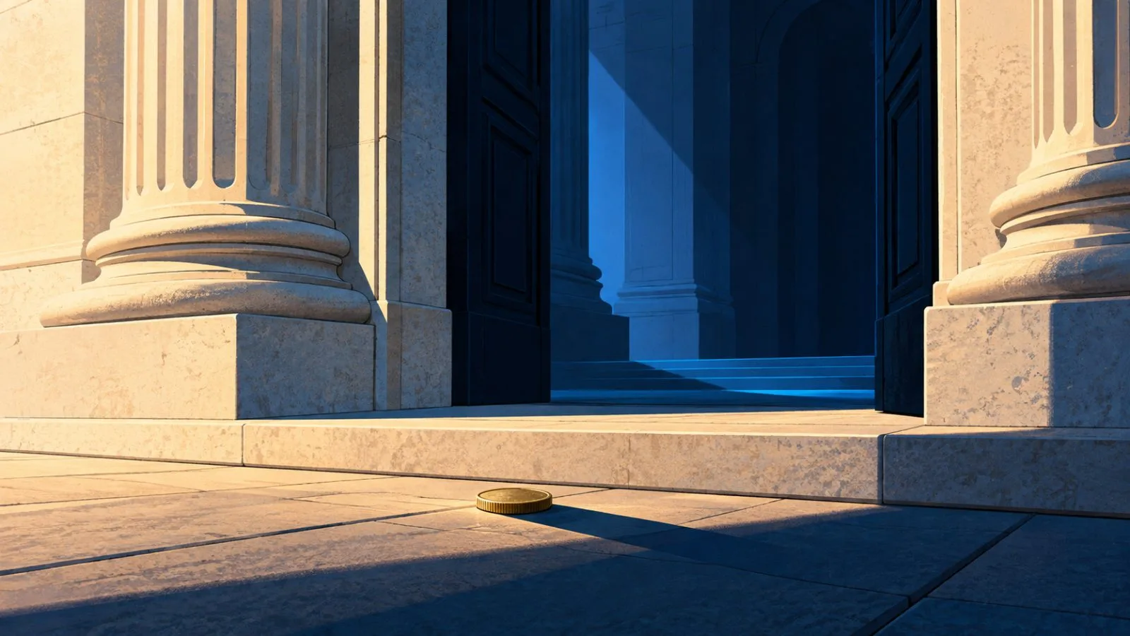 A single brass coin rests beside the stone exchange entrance / TokenPost.ai