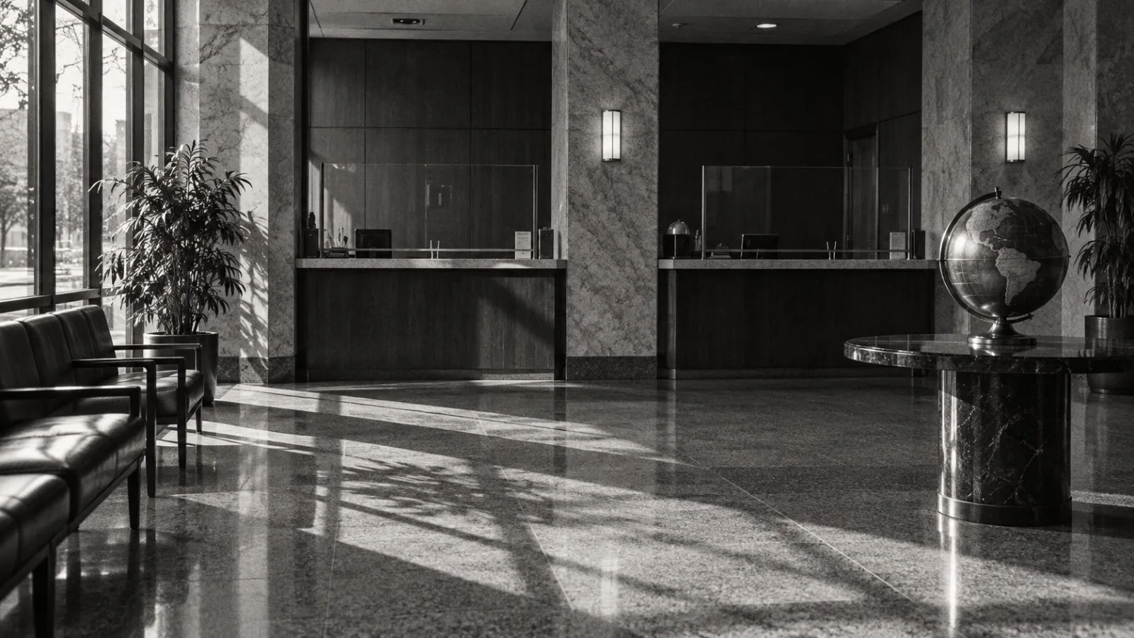 Quiet bank lobby with two unmarked service counters / TokenPost.ai