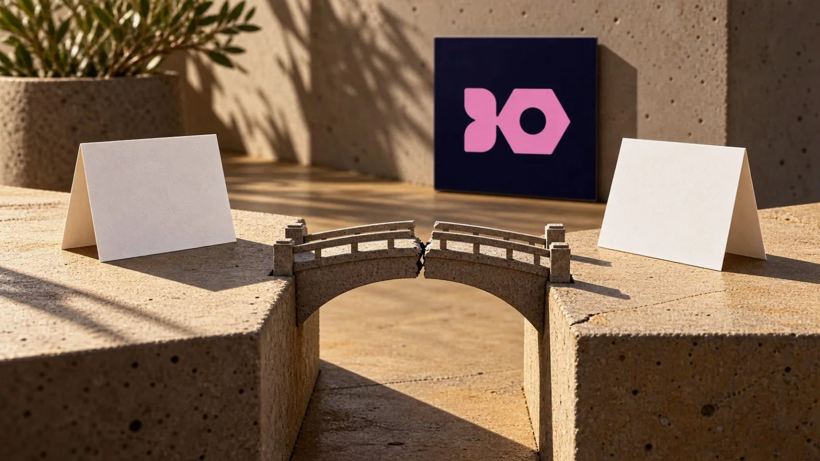 Two blank notes sit beside a cracked miniature bridge / TokenPost.ai