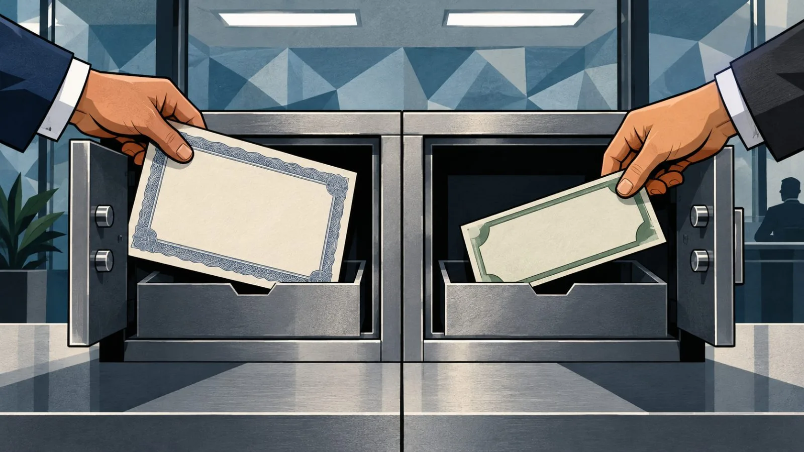 Hands place a bond certificate and banknote into separate compartments / TokenPost.ai
