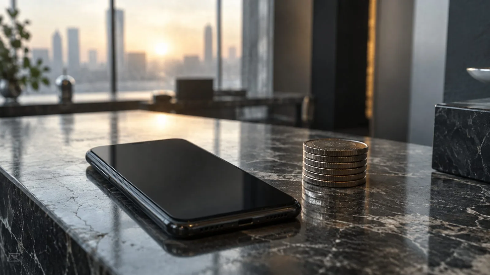 Metal tokens rest beside a dark smartphone on an exchange counter / TokenPost.ai