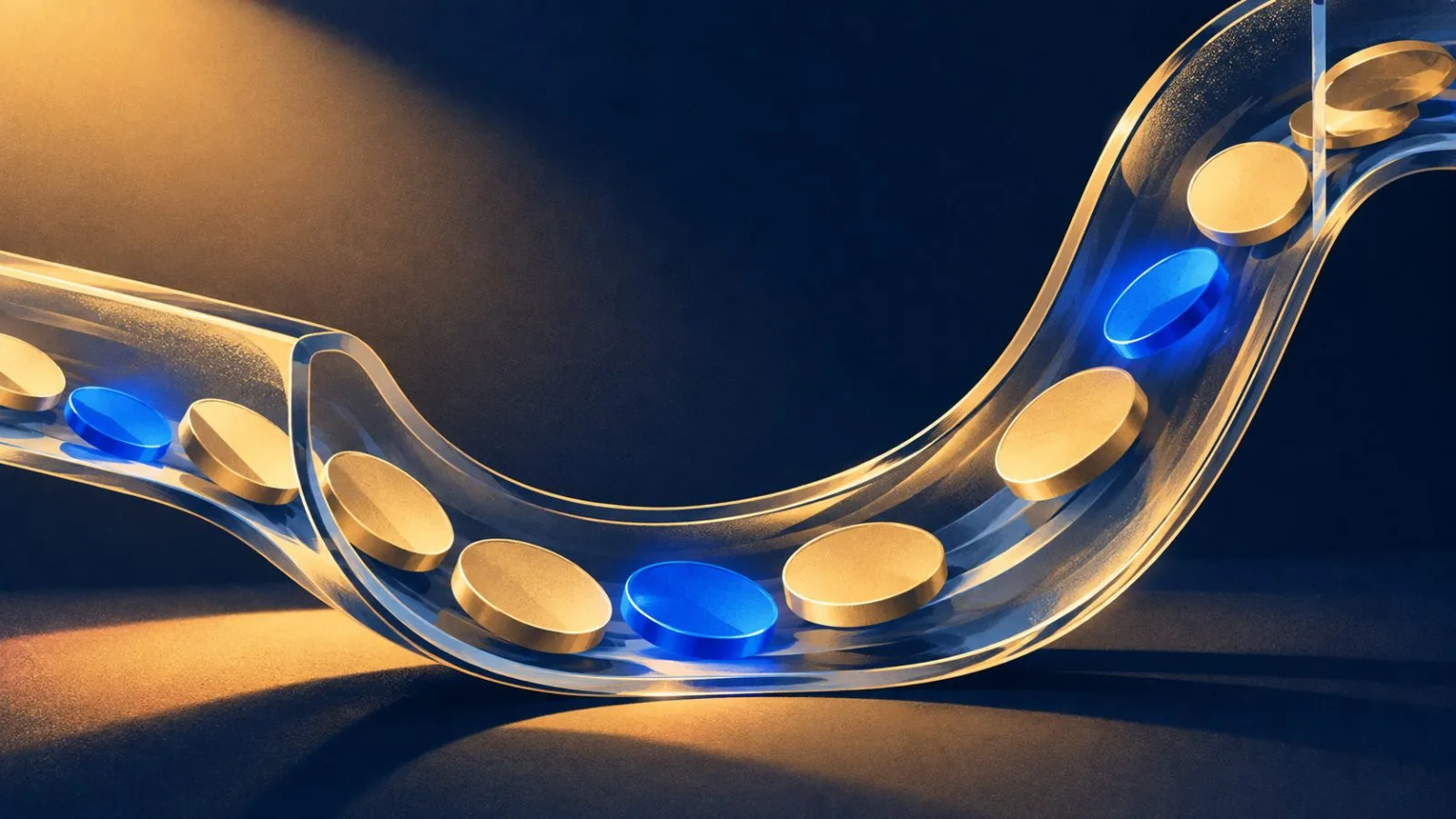 Unmarked metal tokens line a curved glass exchange channel / TokenPost.ai