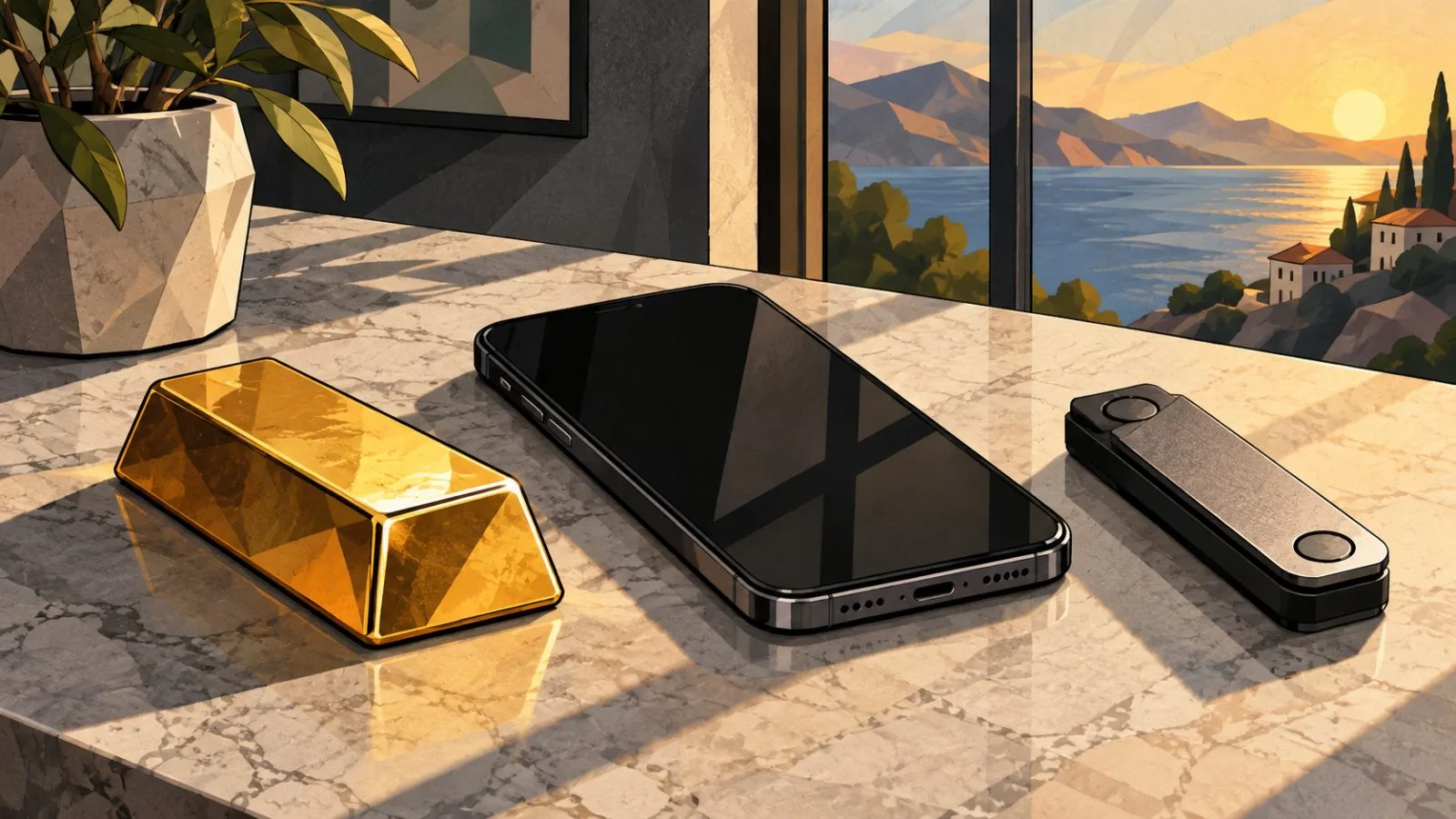 Gold bar beside a smartphone and hardware wallet / TokenPost.ai