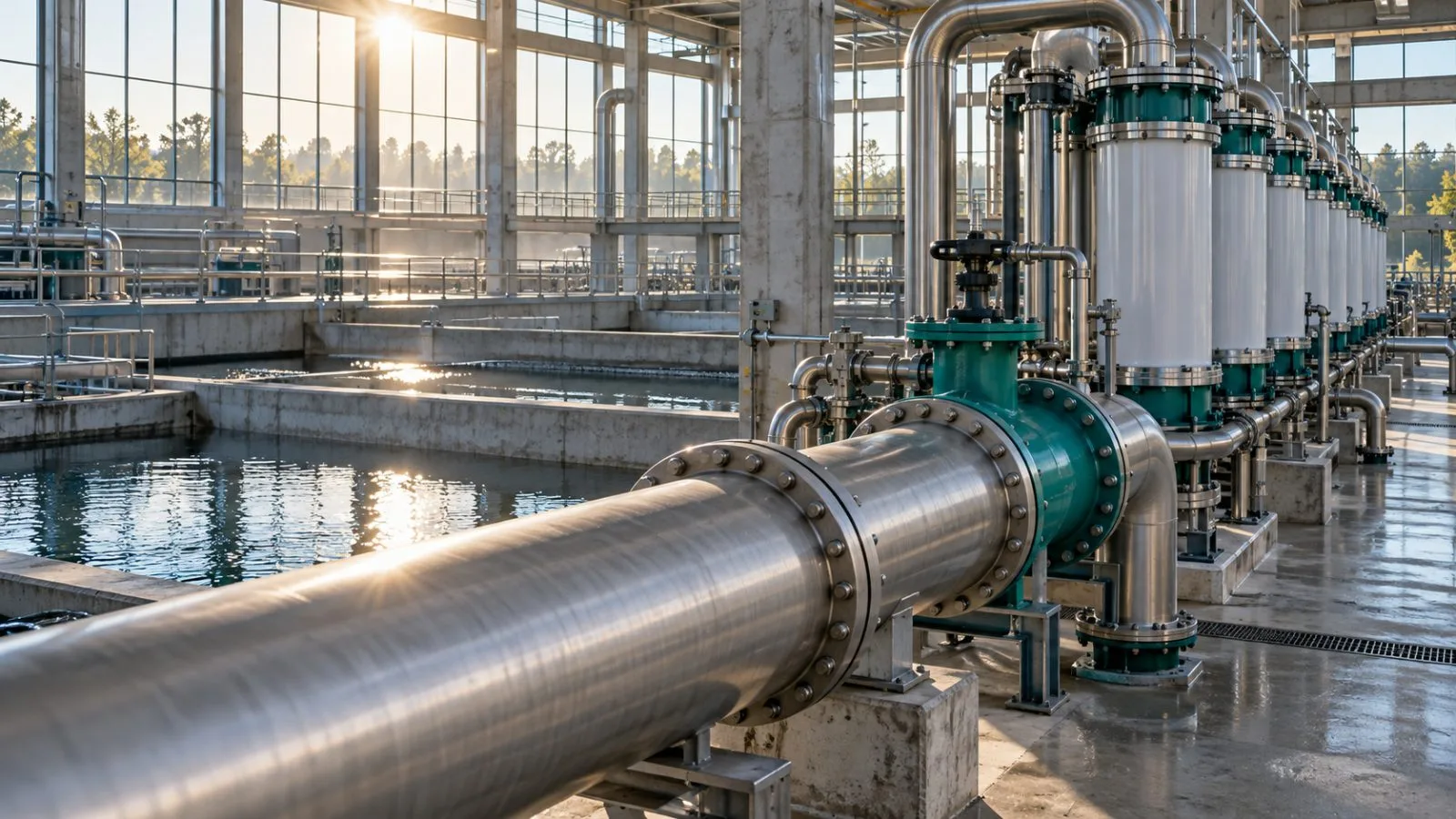 Filtration pipes run through a sunlit water treatment plant / TokenPost.ai