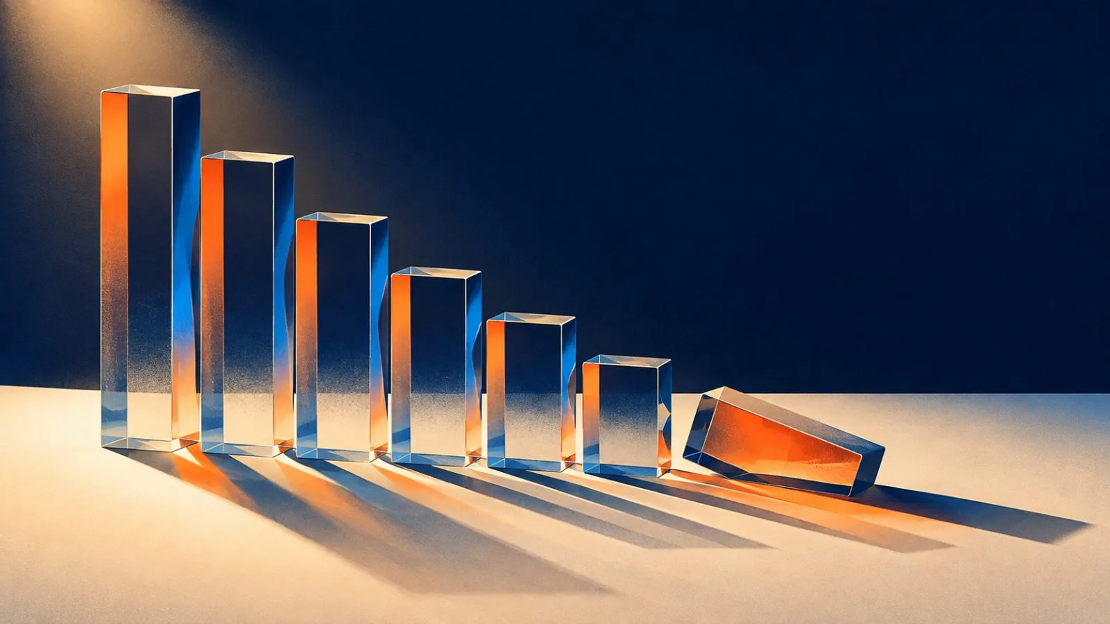 Glass bars descend sharply across a pale surface / TokenPost.ai