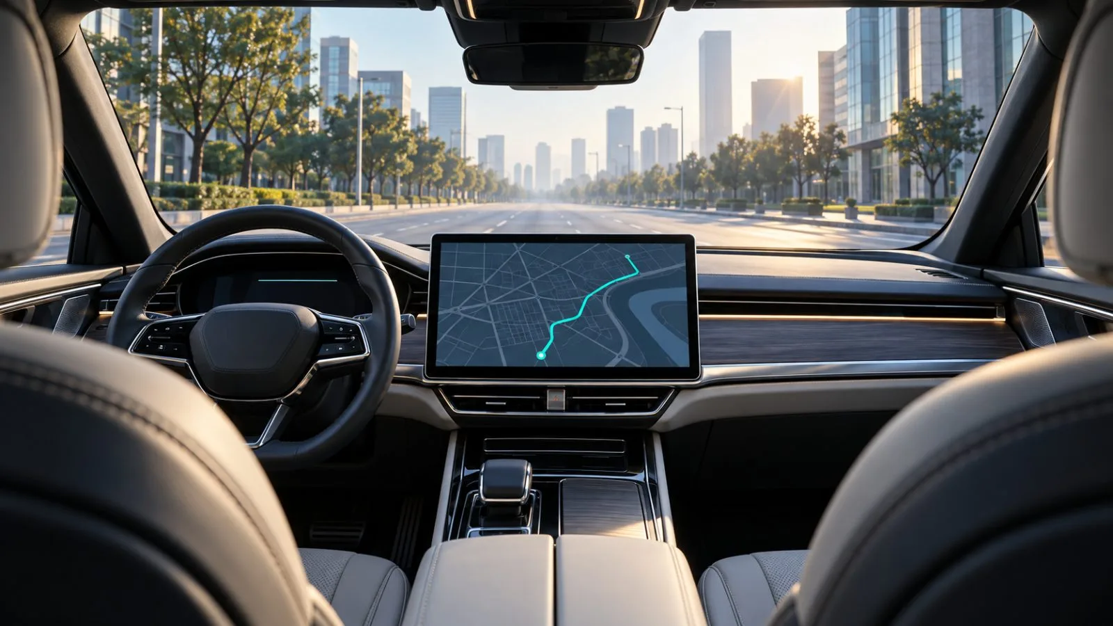 A car cockpit frames an unlabeled route and empty road / TokenPost.ai