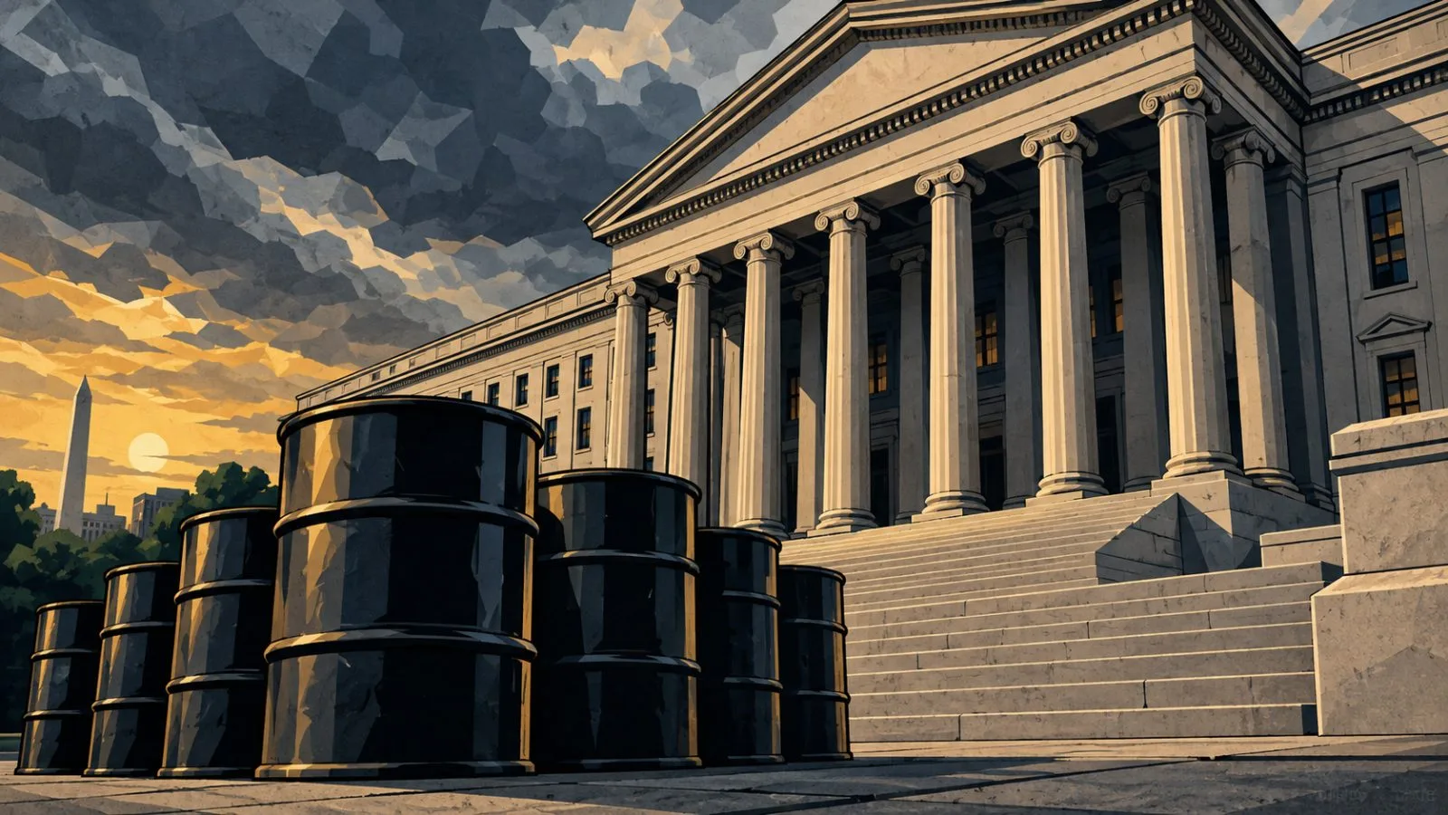 Oil barrels beside government building steps under overcast skies / TokenPost.ai