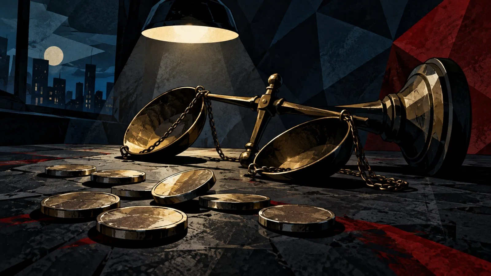 Metal tokens lie scattered beside a tipped balance scale / TokenPost.ai