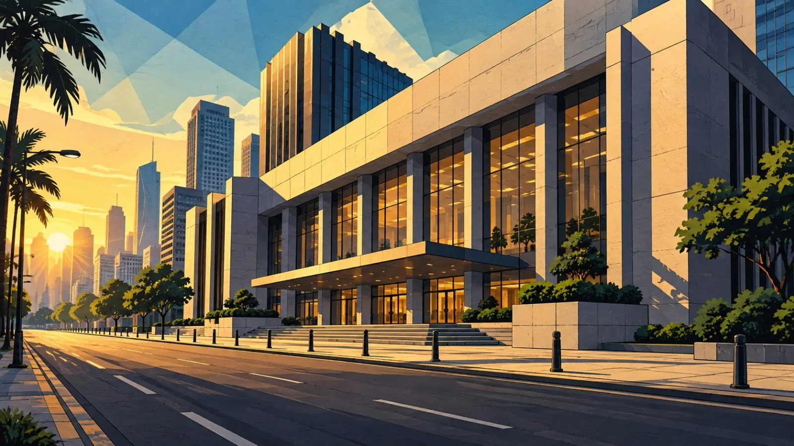 Modern exchange building above a quiet street at dawn / TokenPost.ai