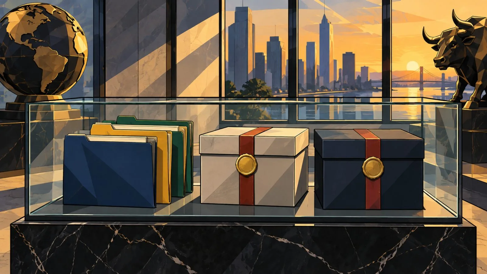 Three sealed asset folders arranged inside a glass display case / TokenPost.ai