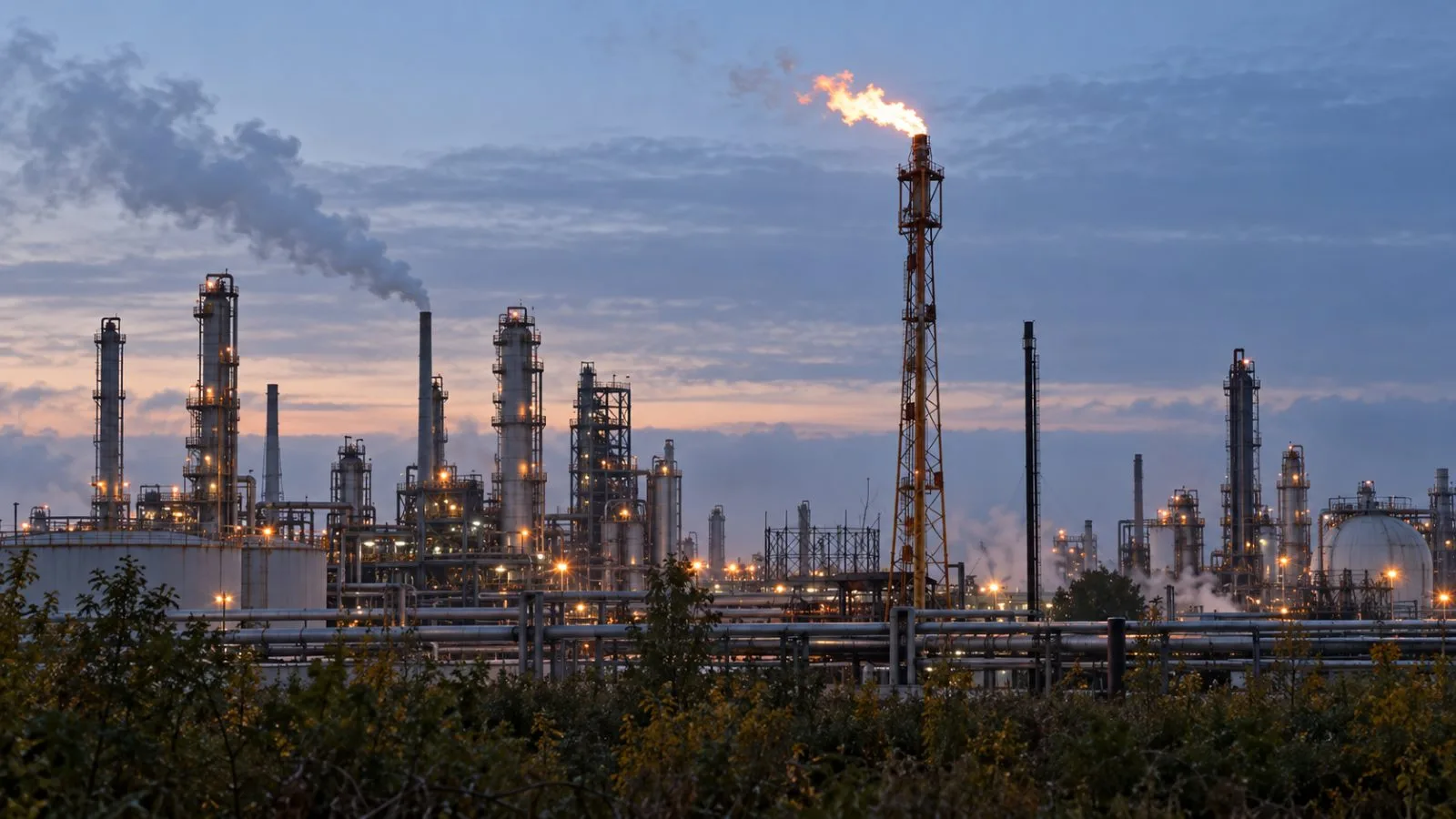 Flames glow among refinery pipework in the pre-dawn light / TokenPost.ai