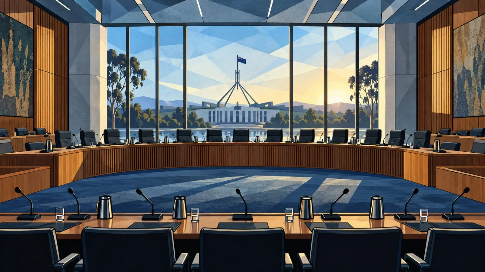 Empty parliamentary hearing room with microphones facing committee seats / TokenPost.ai