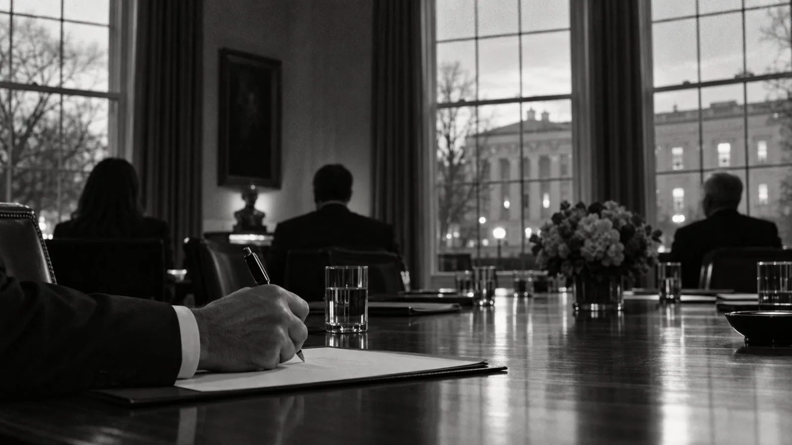 White House exterior behind a quiet security fence at sunset / TokenPost.ai (mono)