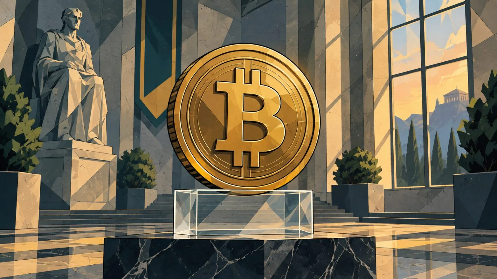 Gold Bitcoin tokens beside a sealed institutional custody case / TokenPost.ai