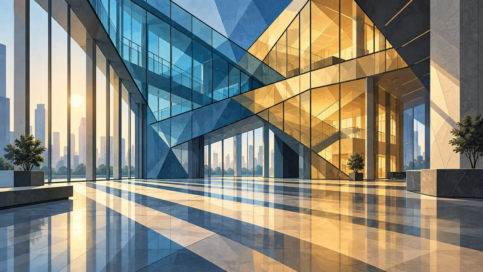 Interlocking glass forms stand inside an empty exchange lobby / TokenPost.ai
