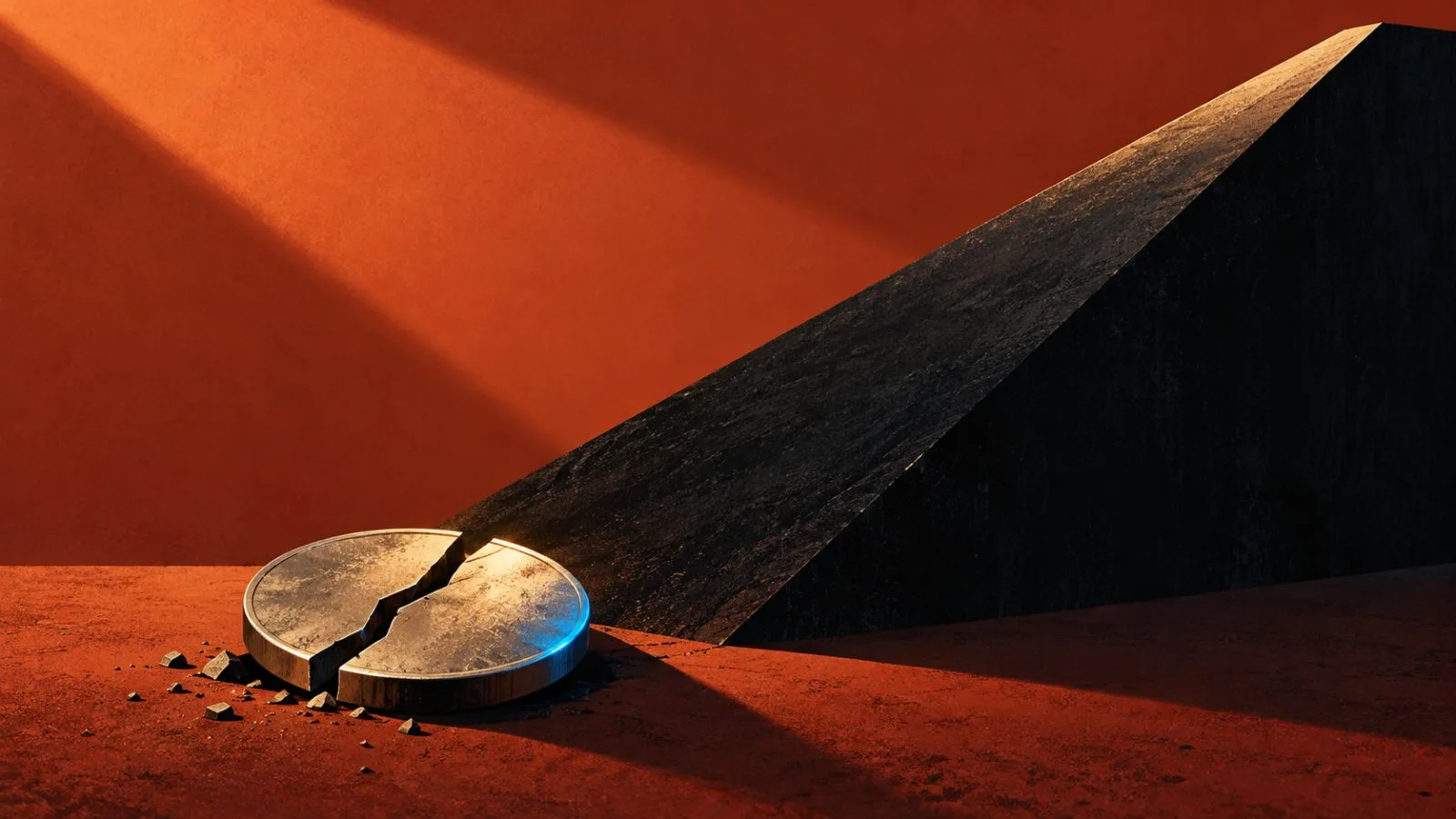 A cracked metal token rests below a steep black ramp. / TokenPost.ai