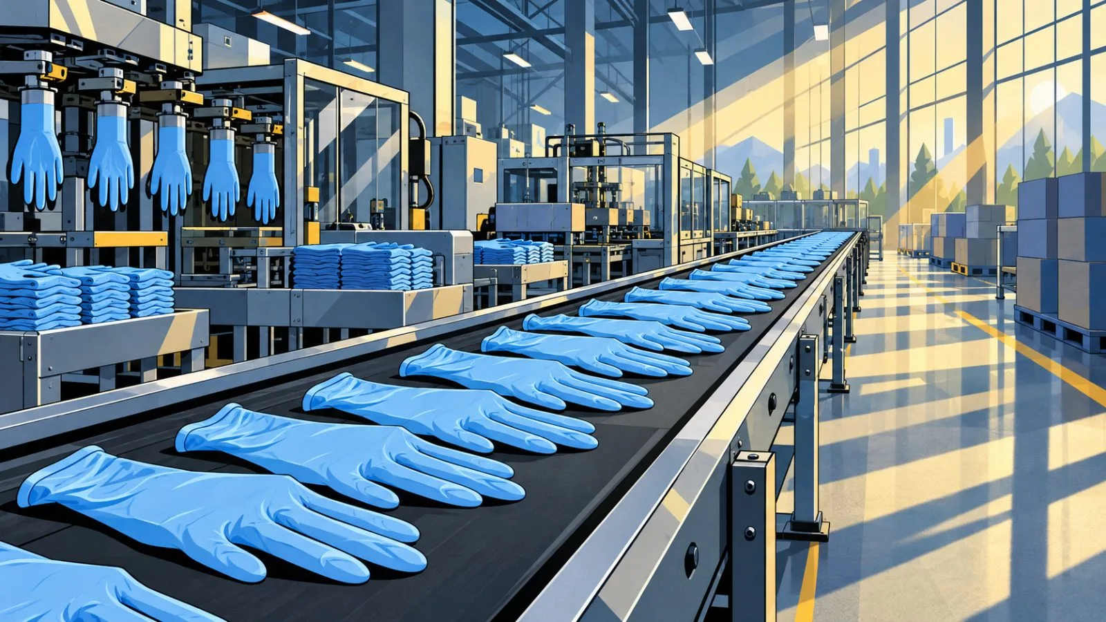 Disposable gloves moving along a brightly lit factory conveyor / TokenPost.ai