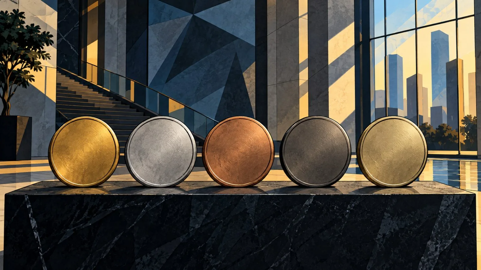 Five unmarked metal medallions arranged on a stone plinth / TokenPost.ai