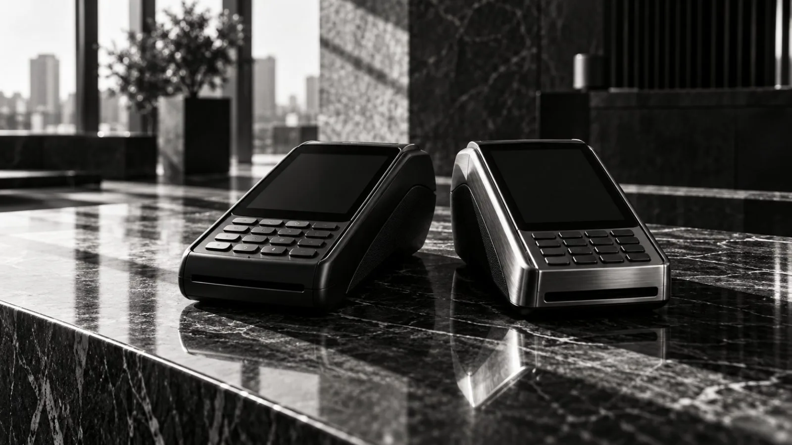 Two payment terminals sit side by side on a stone counter / TokenPost.ai