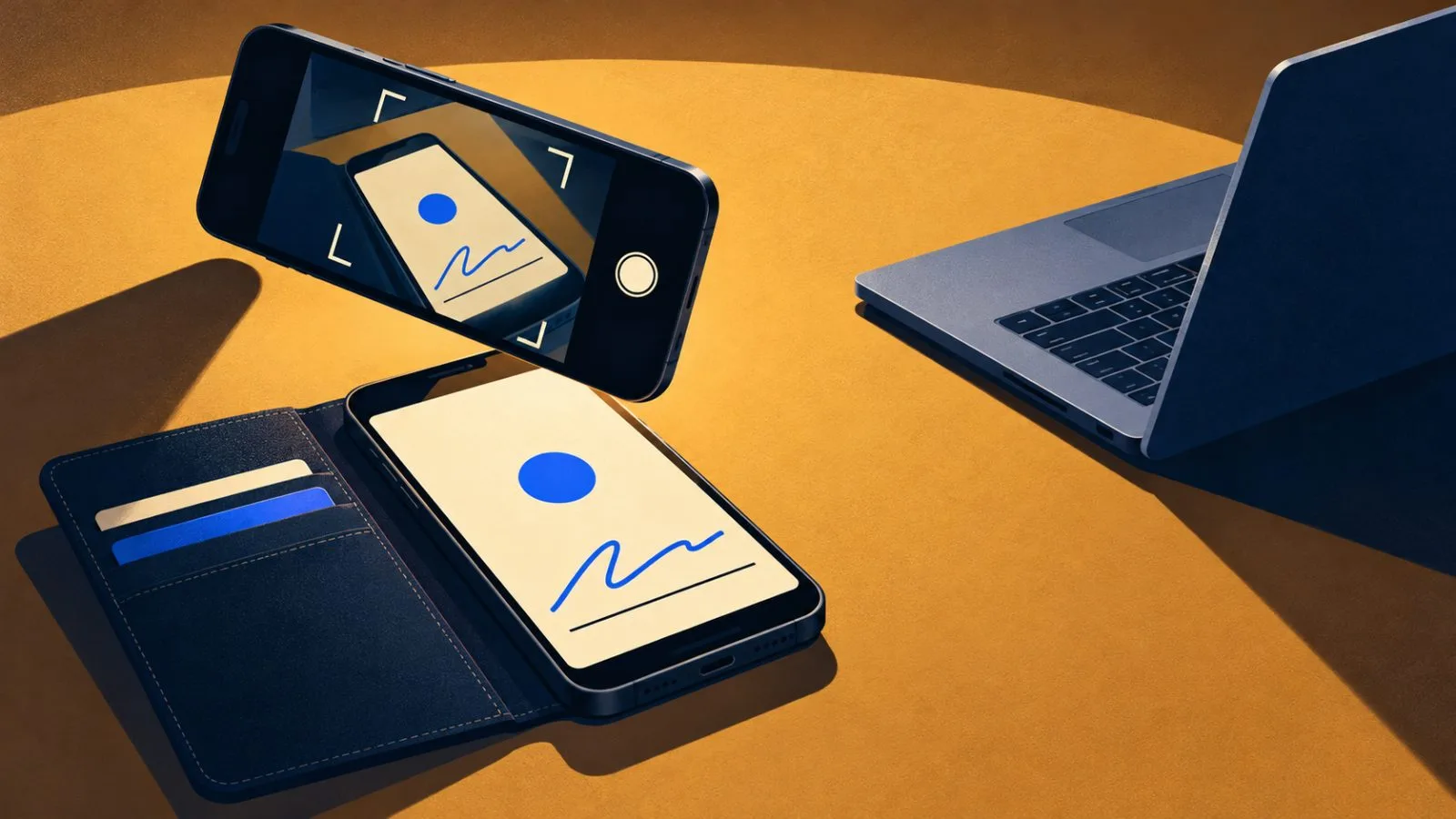 A second phone photographs a wallet screen beside a laptop / TokenPost.ai