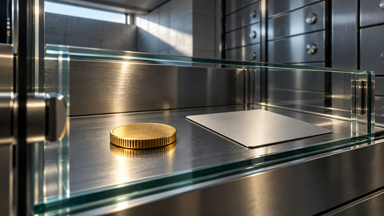 A gold coin and blank bank card inside a glass compartment / TokenPost.ai