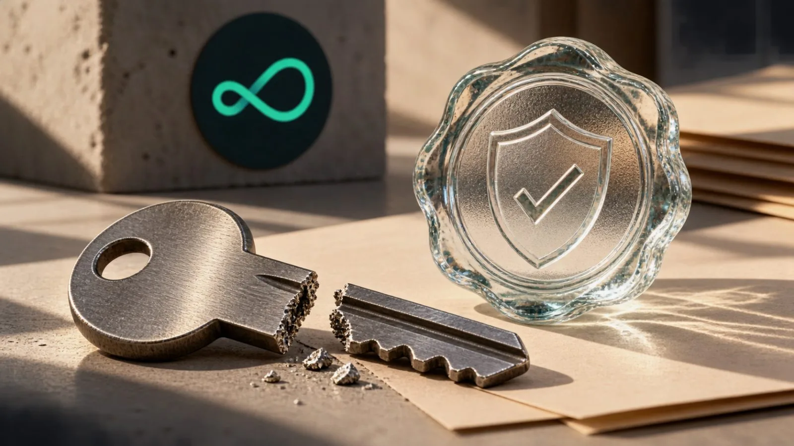 A snapped metal key rests beside a clear glass seal / TokenPost.ai