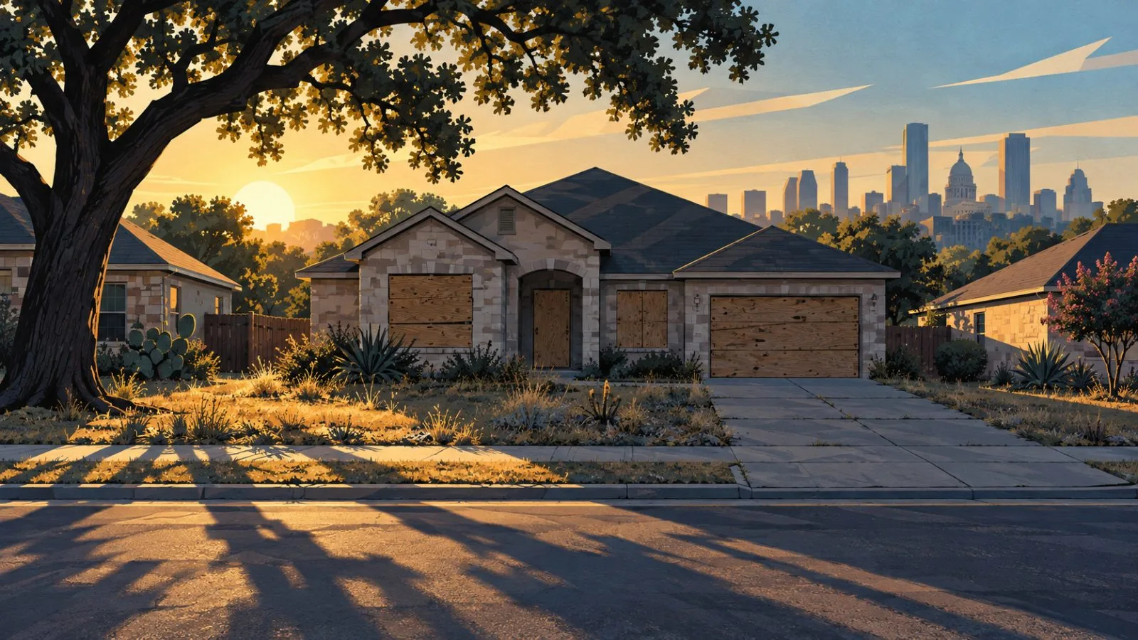 Boarded suburban house beside an empty driveway in morning light / TokenPost.ai