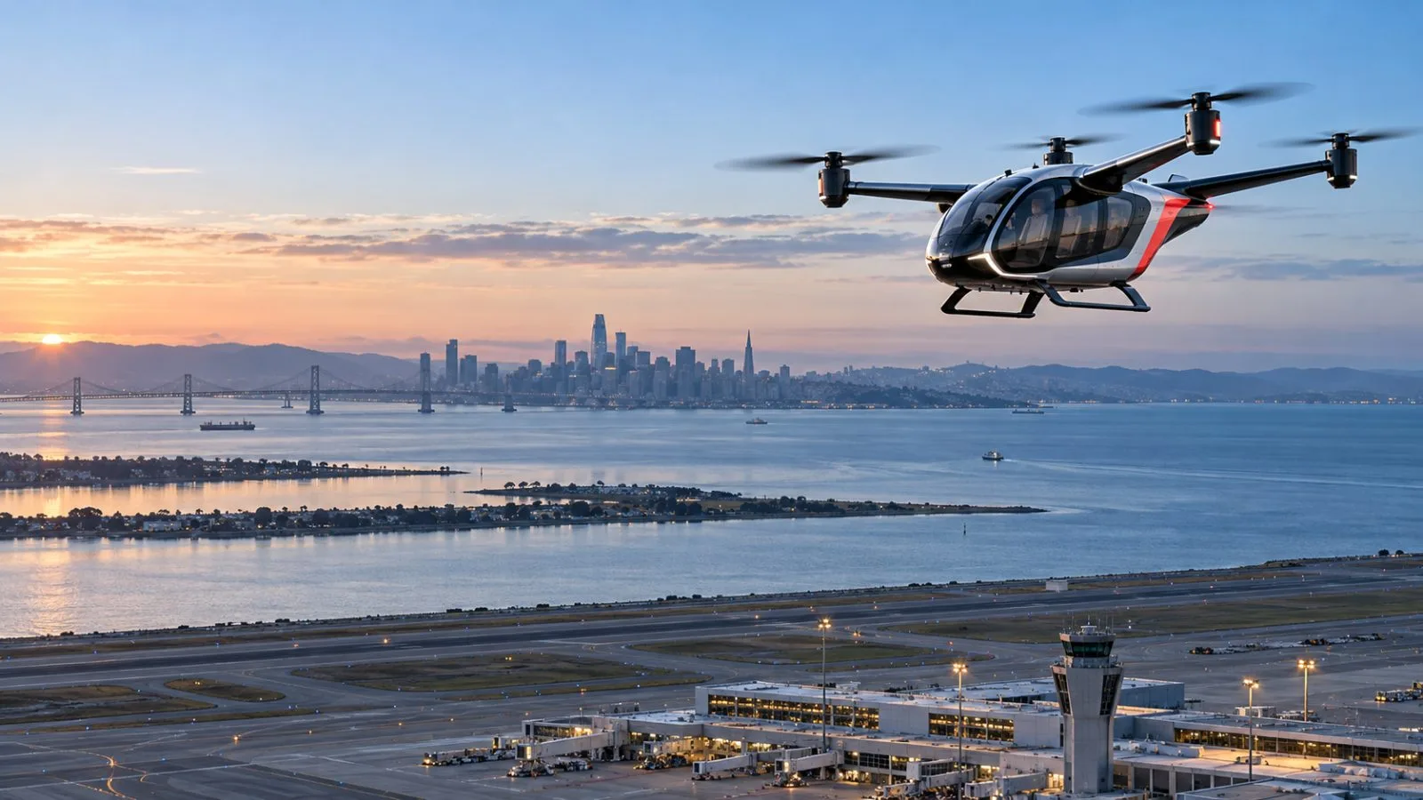 An electric air taxi flies above San Francisco Bay at dawn. / TokenPost.ai