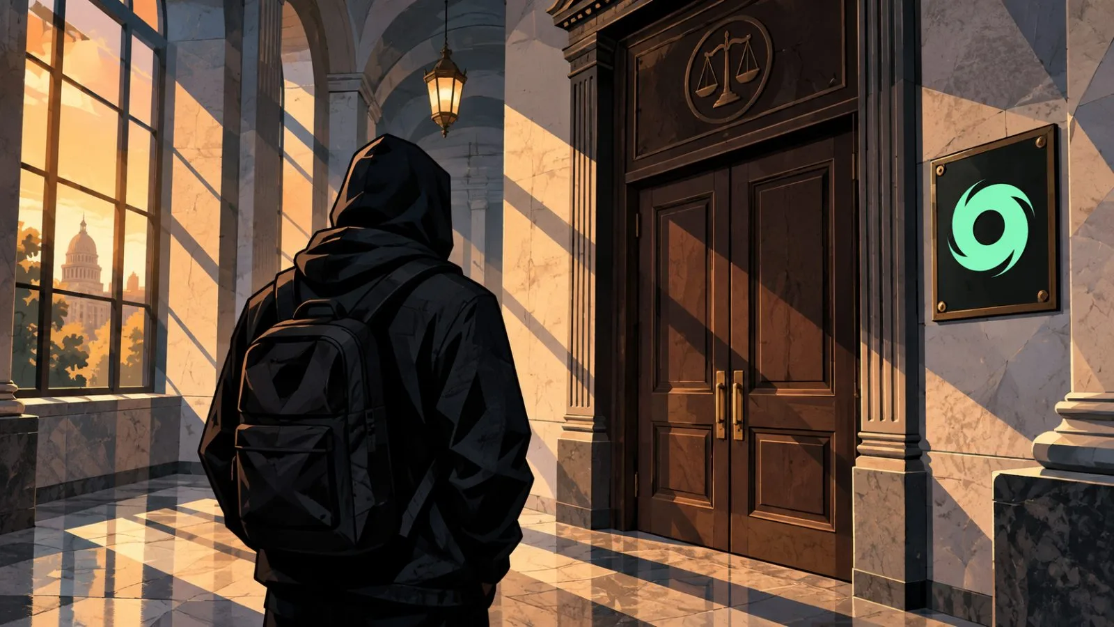 An anonymous figure stands beside a closed courtroom door / TokenPost.ai