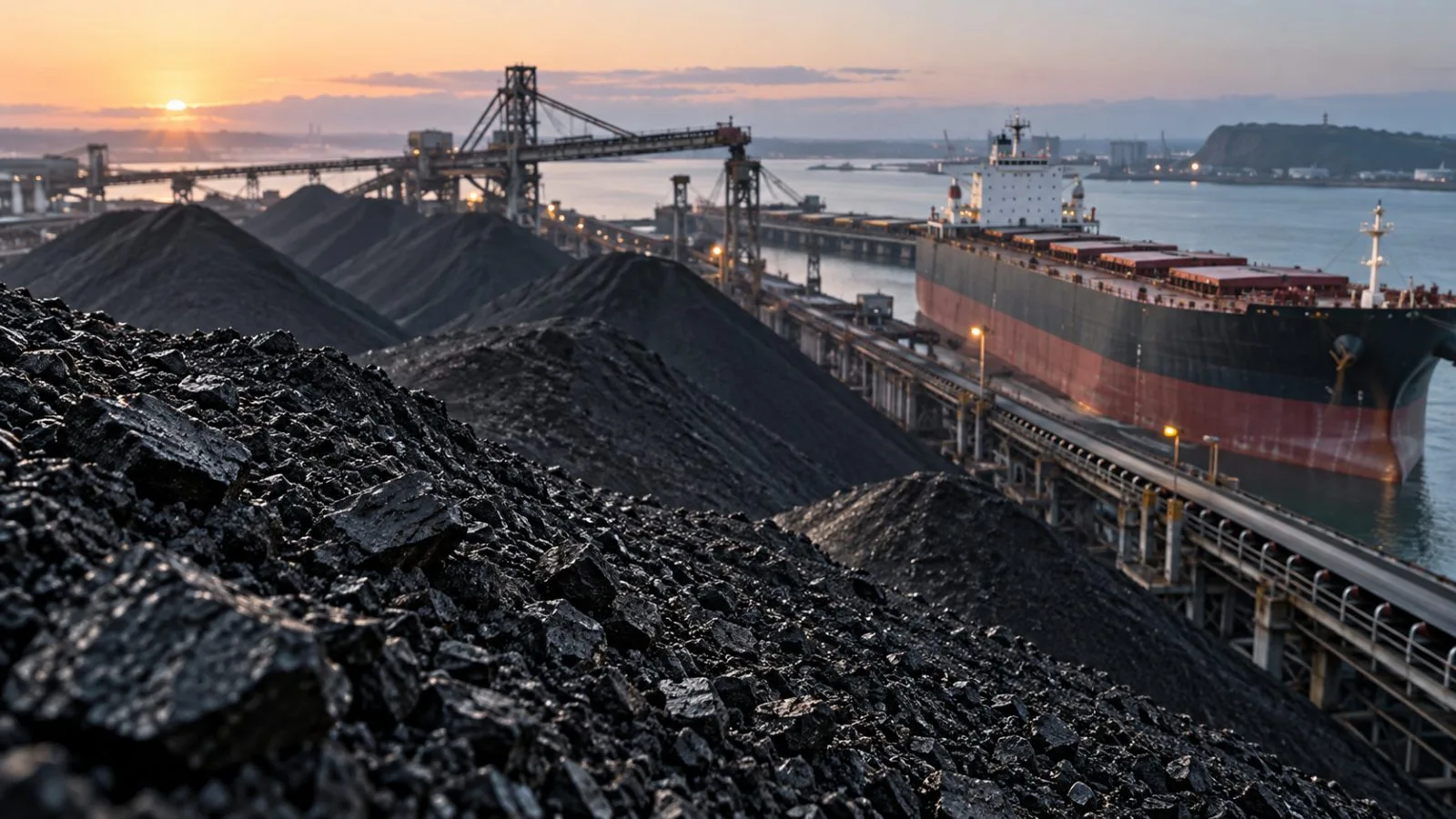 Coal stockpiles beside a bulk carrier at an export terminal / TokenPost.ai