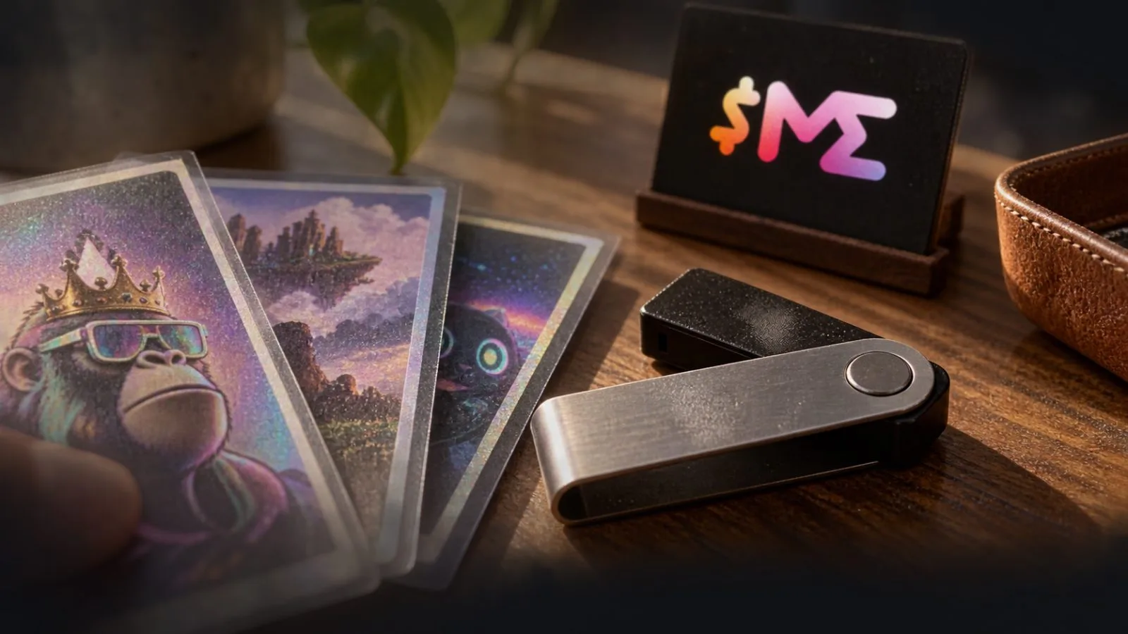 Collectible cards beside a disconnected hardware wallet on a table / TokenPost.ai