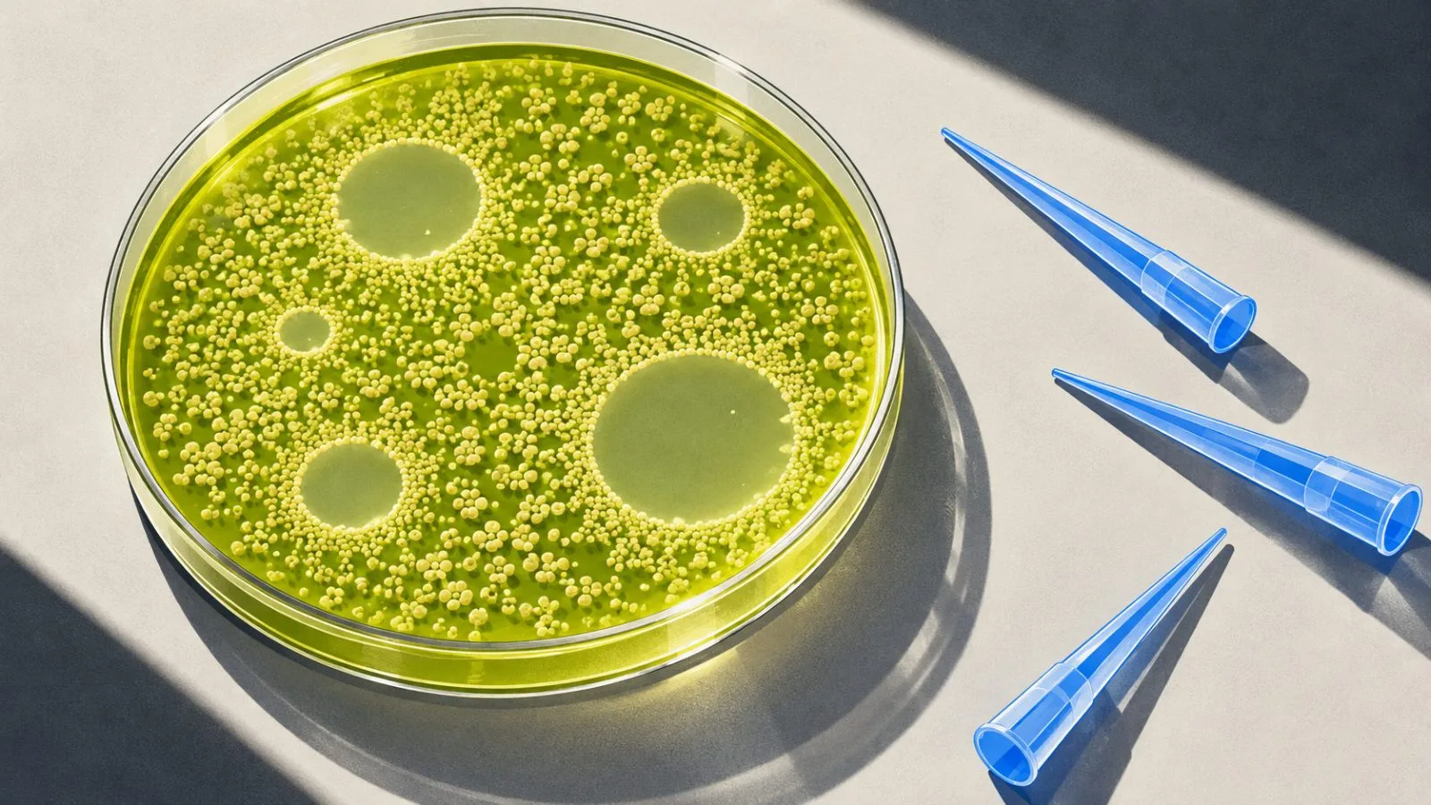 Clear circles interrupt a bacterial culture inside a glass dish / TokenPost.ai