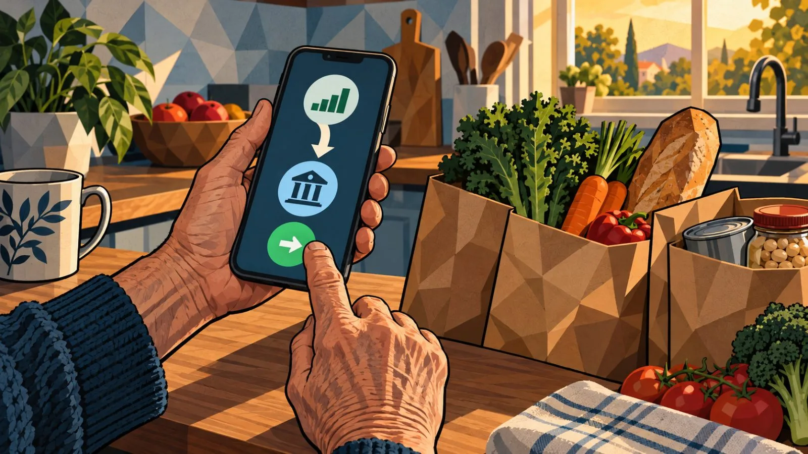 Anonymous hand checks a phone beside grocery bags in afternoon light / TokenPost.ai