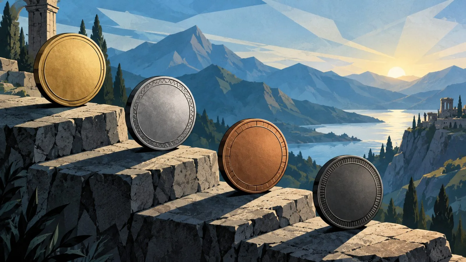 Four metallic coin medallions rest on descending stone ledges / TokenPost.ai