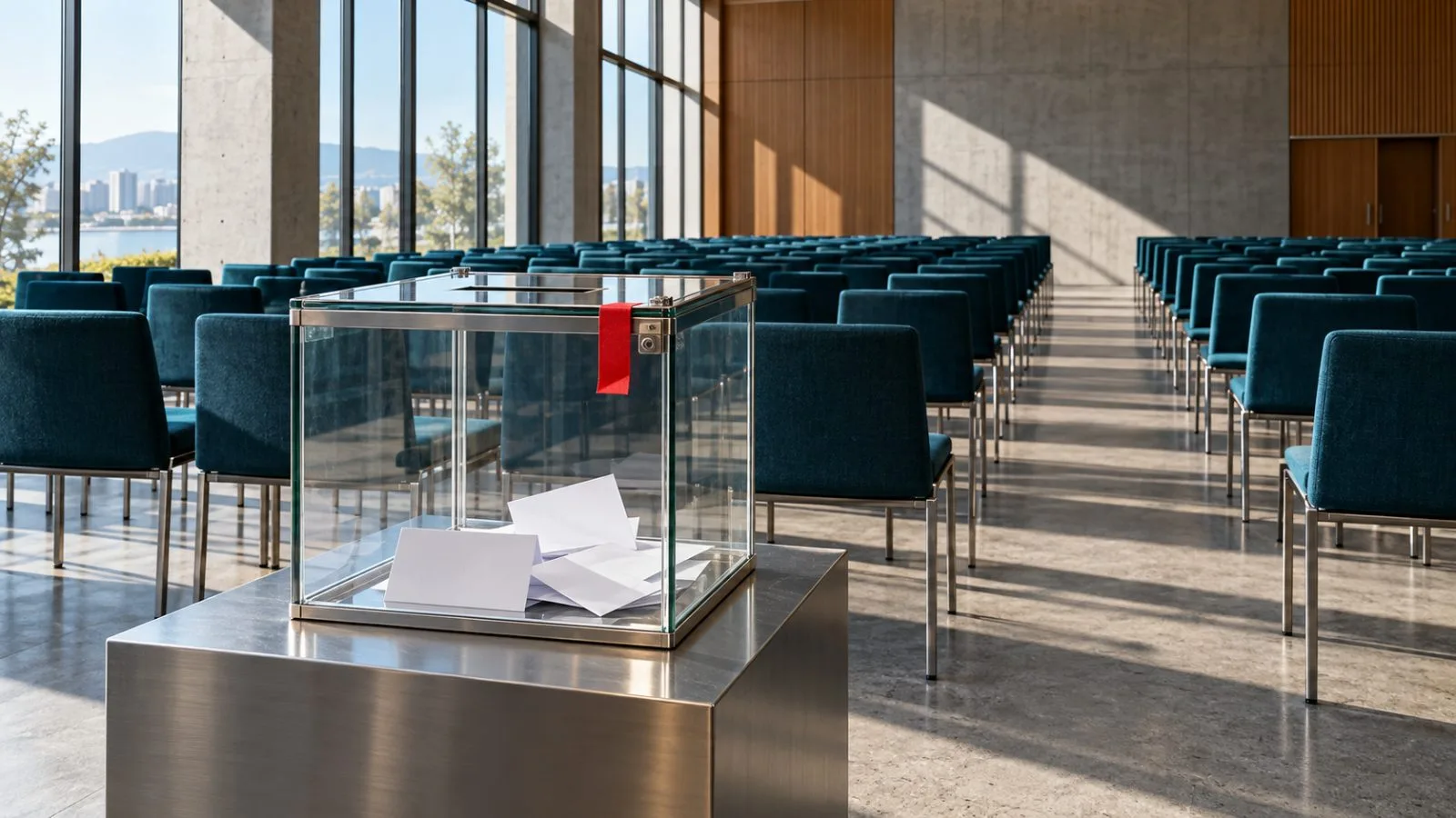 A ballot box stands before empty chairs in a meeting room. / TokenPost.ai