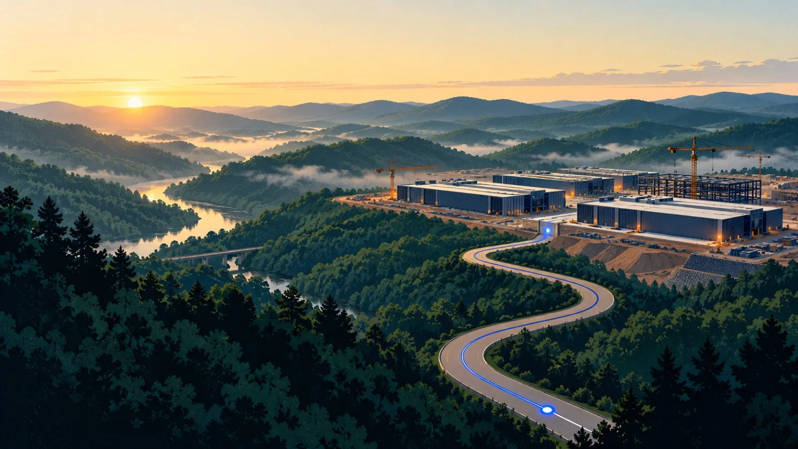 An unfinished data center campus beside wooded Appalachian hills / TokenPost.ai