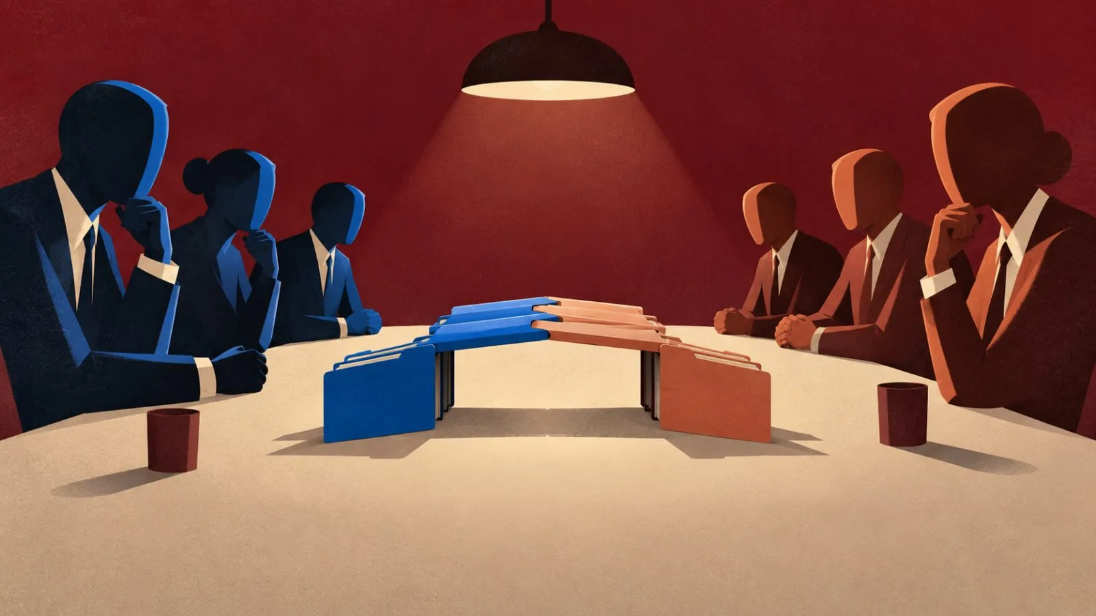 Two anonymous groups meet around a shared policy table / TokenPost.ai