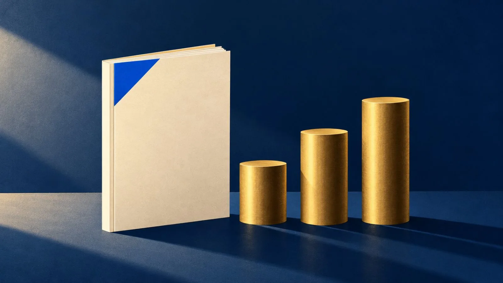 An unmarked earnings booklet beside three ascending brass columns / TokenPost.ai