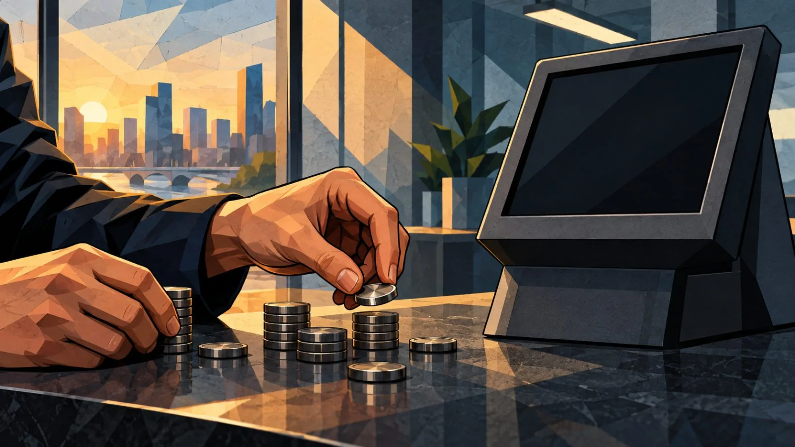 Unmarked metal tokens beside a secure exchange access terminal / TokenPost.ai