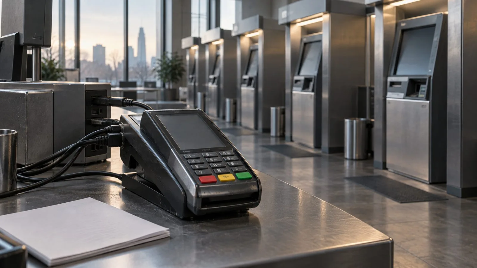 Payment terminals line a quiet center in early morning light / TokenPost.ai