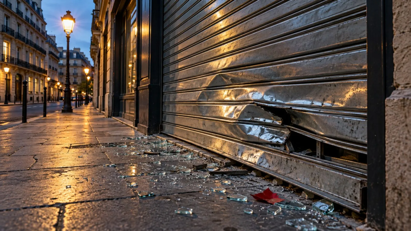 A damaged shop shutter faces an empty street at dusk / TokenPost.ai