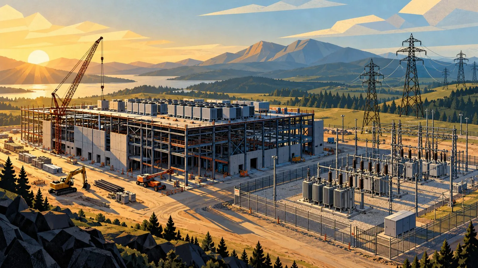 Partially built data center beside high-voltage transmission infrastructure / TokenPost.ai