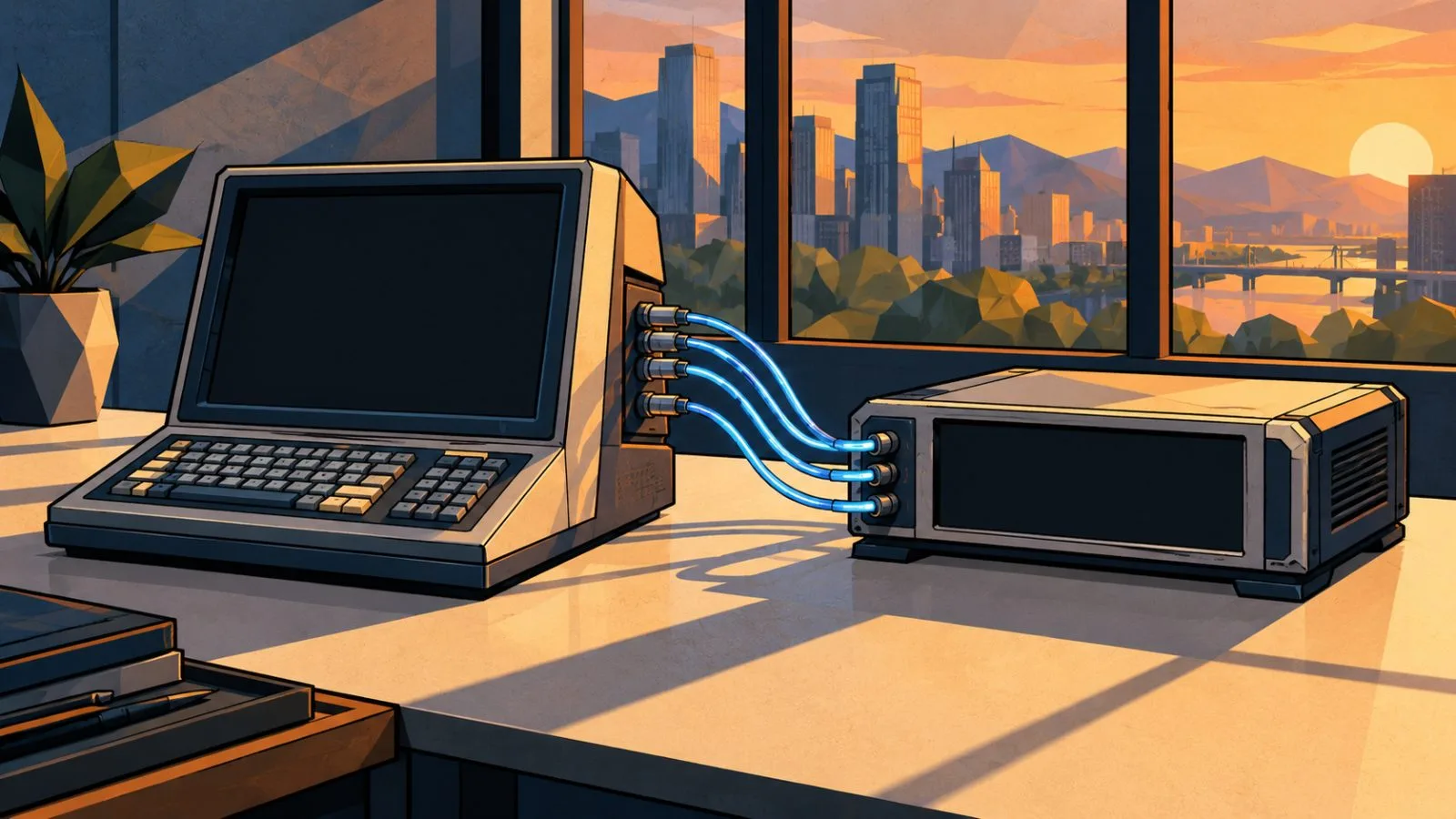 Bank ledger terminals connected by fiber cables across a glass table / TokenPost.ai